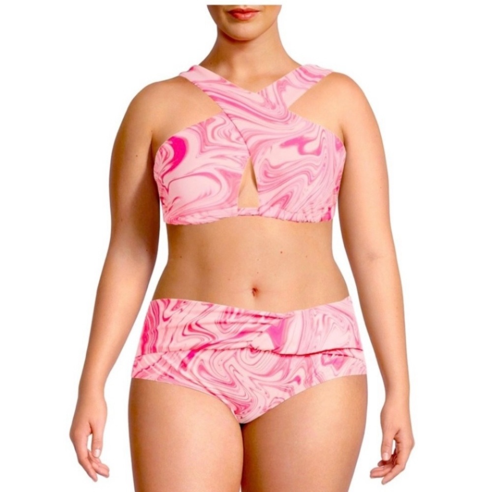 Time and Tru Women's Retro Pink Two Piece Swimsuit Set- Plus Size 3X (24W-26W)